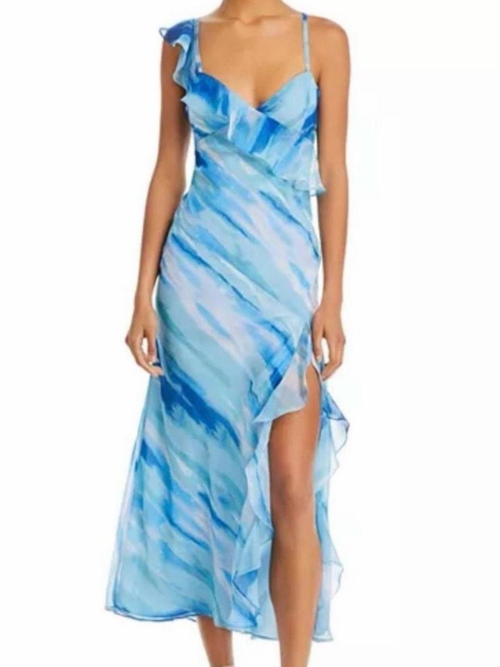 AQUA Blue Watercolor One Shoulder Ruffle Midi Dress Medium